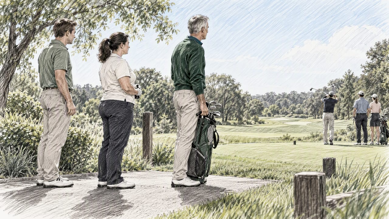 Golfers wait in order at the first tee